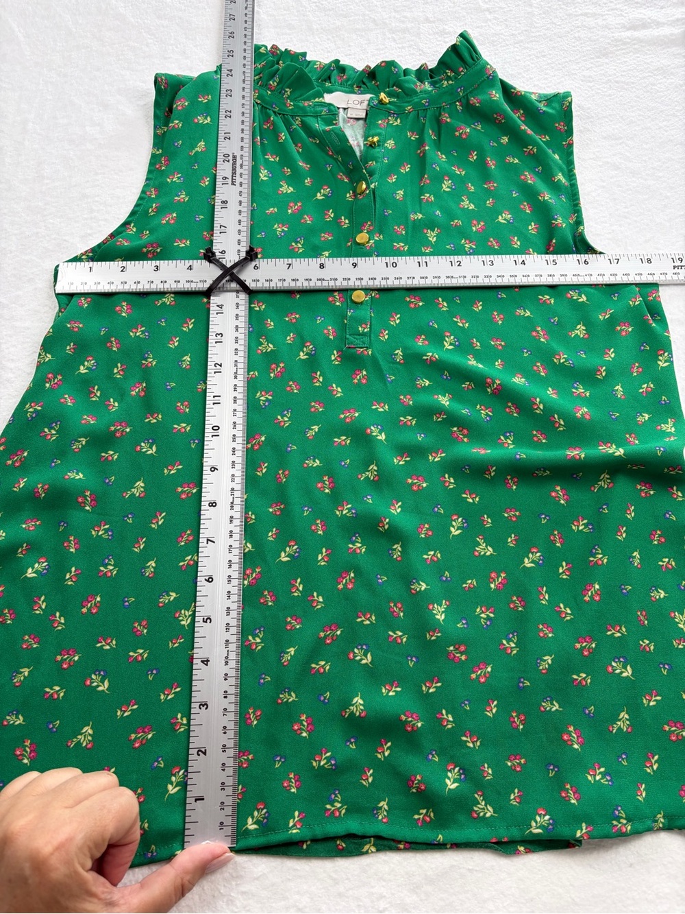 LOFT Green Floral Ruffle-Neck Sleeveless Shell - Picture 7 of 7